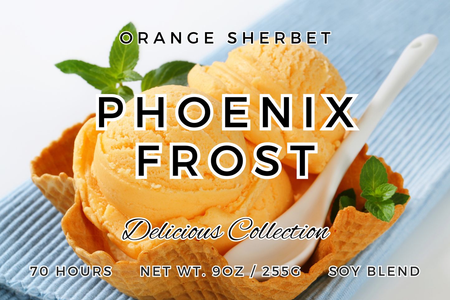 Luxury phoenix frost perfume displayed with orange sherbet in a waffle cup, featuring mint leaves and a spoon.