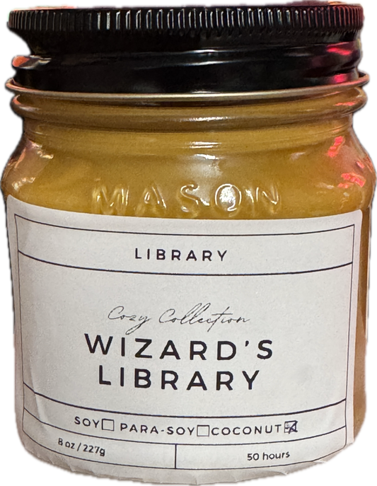 Wizard's Library Candle | Old Books, Cedar & Leather Scent | 8oz & 16oz Mason Jar or Wax Melts