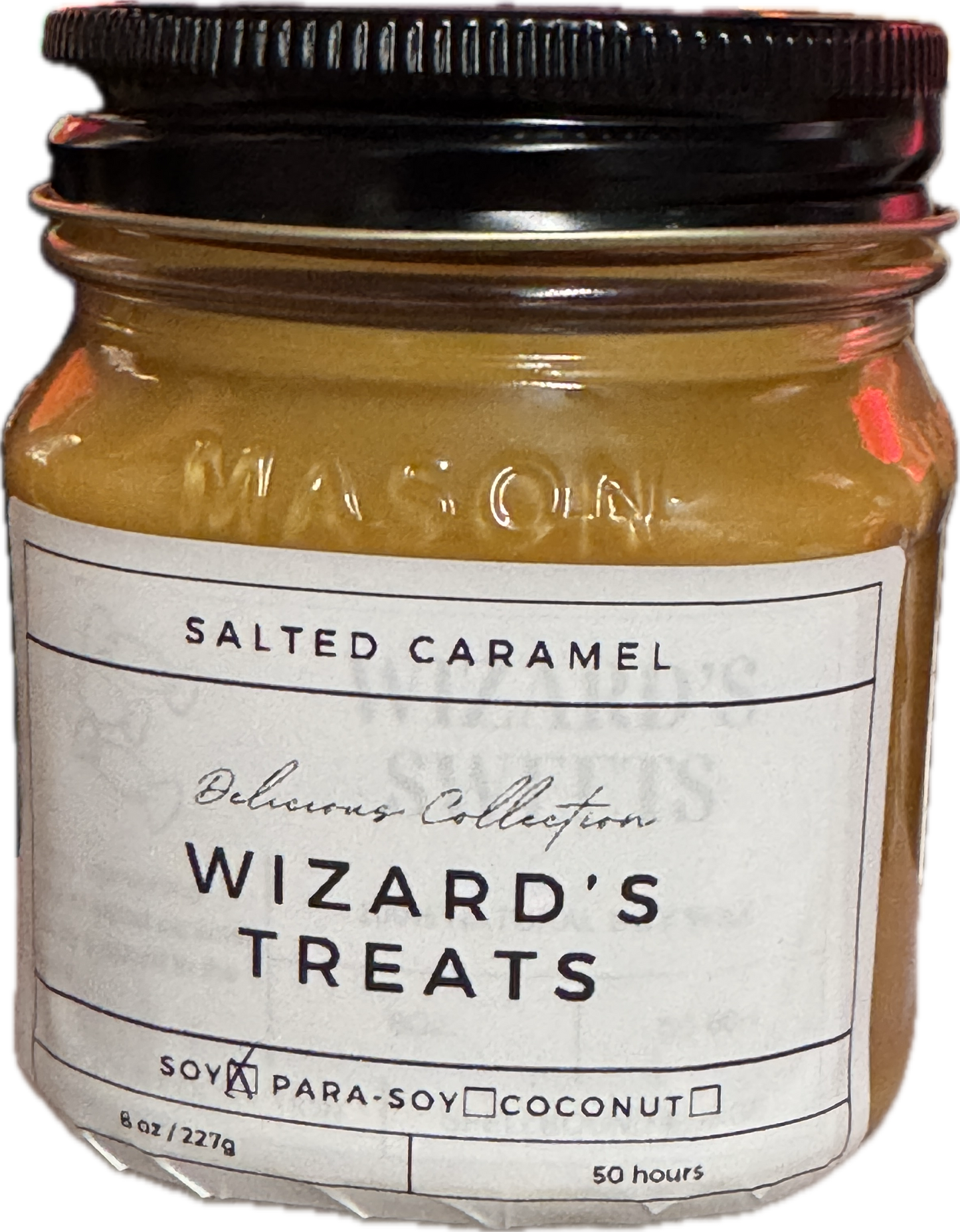 Wizard's Treats Candle | Salted Caramel Scent | 8oz & 16oz Mason Jar or Wax Melts