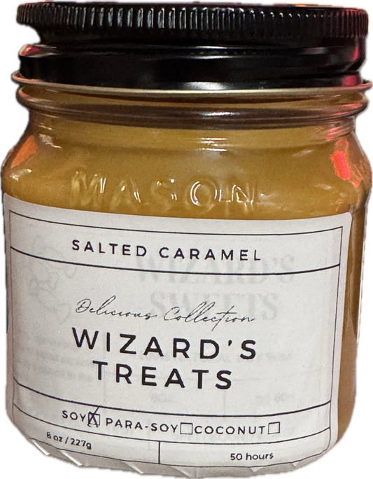 Wizard's Treats Candle | Salted Caramel Scent | 8oz & 16oz Mason Jar or Wax Melts