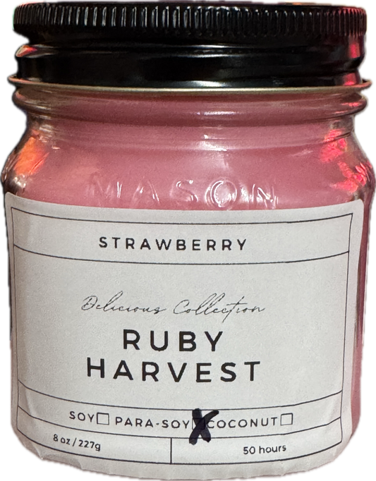 Ruby Harvest Candle | Sweet Strawberry Scent | 8oz & 16oz Mason Jar or Wax Melts