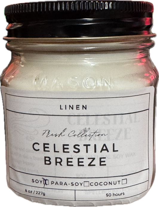 Celestial Breeze Candle | Clean Linen Scent | 8oz & 16oz Mason Jar or Wax Melts