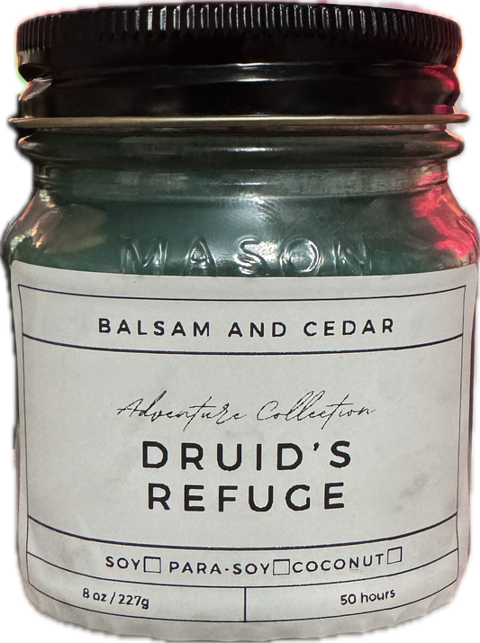 Druid's Refuge Candle | Earthy Balsam & Cedar Scent | 8oz & 16oz Mason Jar or Wax Melts